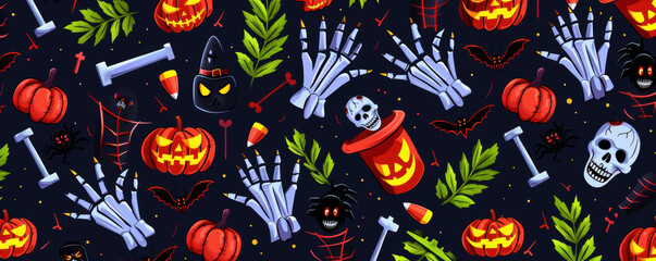 Creepy Halloween pattern with zombie hands and graveyard scenes, Halloween pattern, horror effect