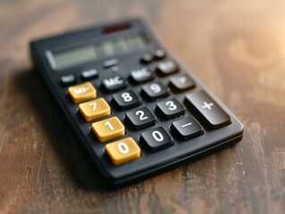 A black calculator with a gold dollar sign on wood desk - ai