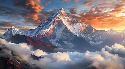 Breathtaking landscape of the Himalayas with Mount Everest towering above the clouds captured in stunning detail with vibrant colors and sharp contrast