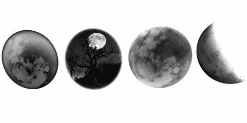 Detailed Moon Isolated on Transparent Background, Crescent moon set, various moon collection on transparent background. small set of dark cloth fabric sticker isolated on white. 