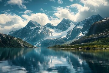 Fototapeta premium Captivating landscape of the Scandinavian Mountains in Norway featuring snowcapped peaks and pristine lakes photographed with advanced techniques