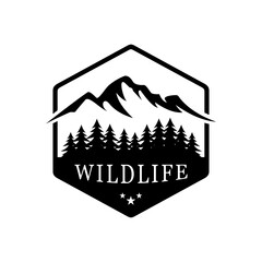 Vector illustration: Handwritten Modern brush lettering composition of Outdoor adventure with silhouette of pine forest and mountain 