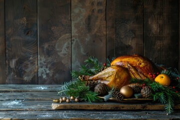 Festive turkey on rustic table for Christmas or Thanksgiving.