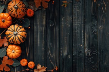 Happy Thanksgiving script with pumpkins and leaves over dark wooden background
