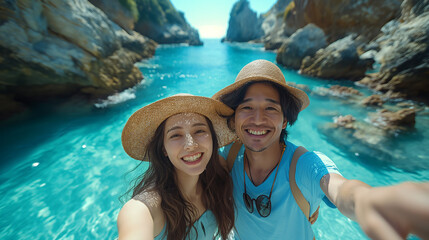 旅行先で自撮りするカップル