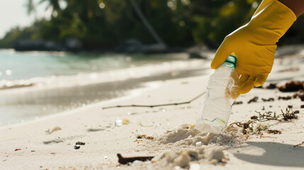 hand in a rubber glove is picking up the trash on the beach 