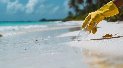 hand in a rubber glove is picking up the plastic trash on the beach that would be microplastic in the ocean and seafood