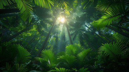 Fototapeta premium Tropical rainforest canopy bustling biodiversity featuring diverse bird species and lush vegetation provides ample space for text