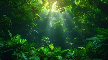 Obraz premium Tropical rainforest canopy rich biodiversity with diverse bird species with copy space