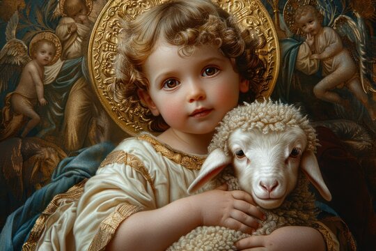 Icon of the infant Jesus Christ with a lamb: a timeless representation of divine innocence and compassion, symbolizing the purity and gentleness of christ's love for humanity