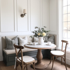 white color theme breakfast nook seating table seating farmhouse style by bay window