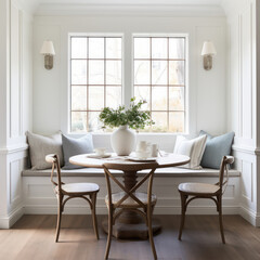 white color theme breakfast nook seating table seating traditional classic farmhouse style by bay window