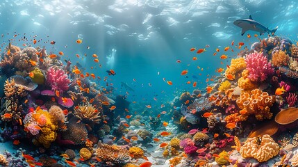 Naklejka premium Vibrant coral garden exhibiting marine biodiversity reef sharks and sea turtles 
