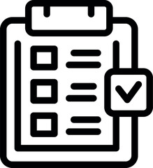 Simple black line art icon of a clipboard showing a completed checklist with a checkmark symbol