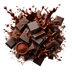 A splash of chocolate with chocolate and milk chocolate on a transparent background 