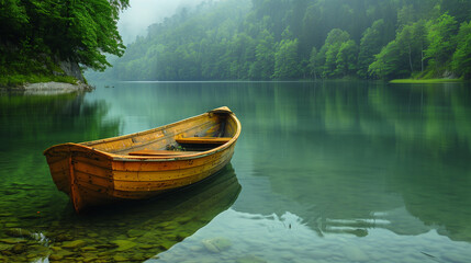 Boat on lake - Single boat waiting on calm, green waters of lake