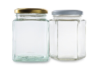 Two empty glass jars isolated on white