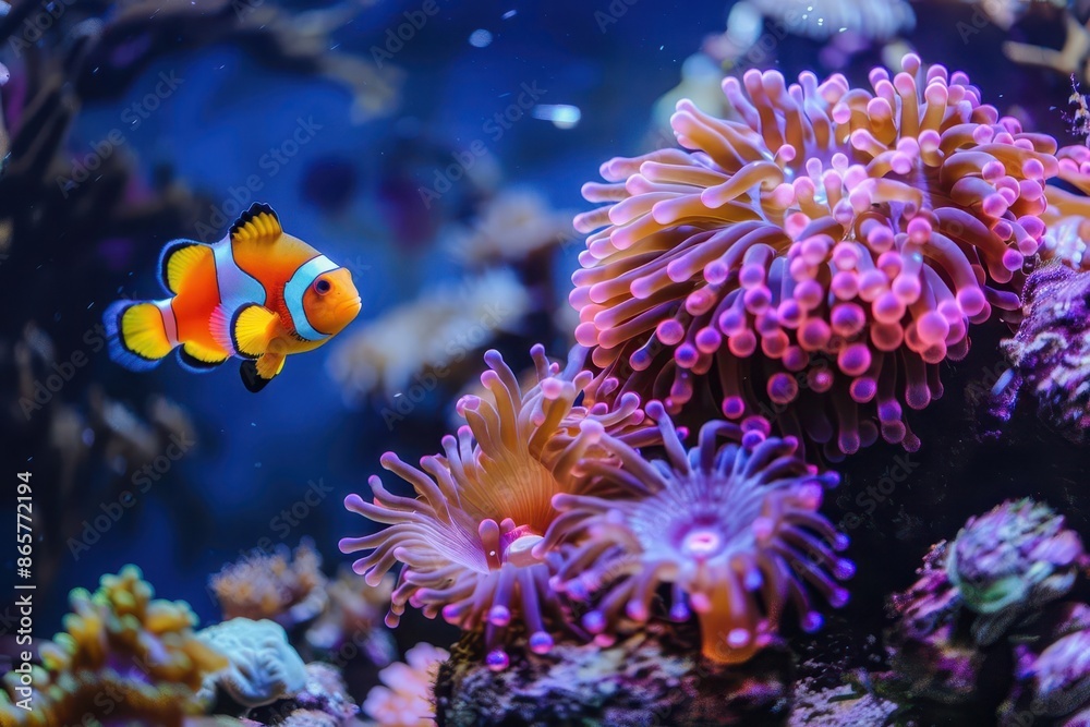 Wall mural vibrant underwater scene of two clownfish nestled in colorful sea anemones crystal clear waters coral reef backdrop and glowing bioluminescent elements - Wall murals