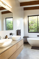Modern bathroom with double sinks, large mirror, and freestanding bathtub