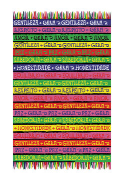 Handmade vector illustration of a beach canga with the words in Portuguese: kindness, love, respect, honesty and wisdom generate feelings similar to the others.