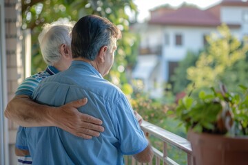 Closeup portrait of  man embracing older man outdoors.