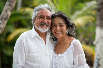 Happy retired couple in white  embracing outdoors.
