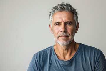 Obraz premium Serious middle aged man in casual attire with grey hair.