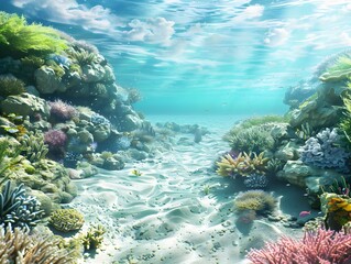 Fototapeta premium Vibrant Coral Reef Teeming with Diverse Marine Life in Clear Blue Waters