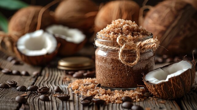 Natural body scrub in a rustic jar, with raw ingredients like coffee beans and coconut shells