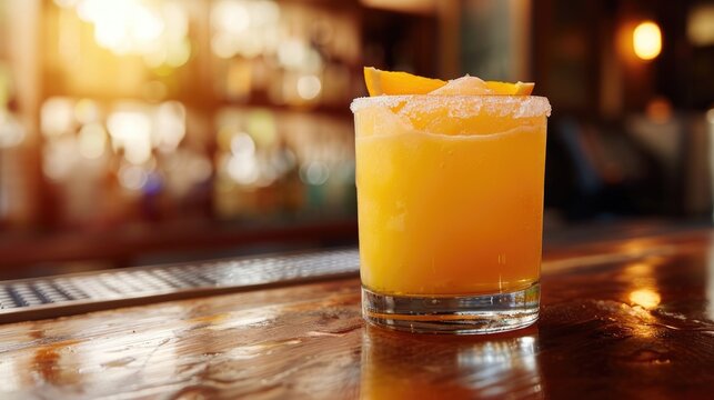 Frozen citrus cocktail with triple sec on bar counter in restaurant interior