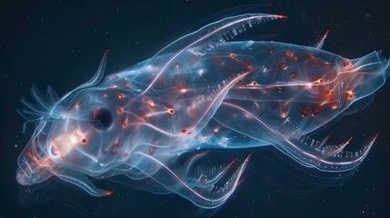 Within icy depth of Southern Ocean ethereal beauty of Antarctic salp revealed through lens of macrophotography setup Using specialized lighting technique translucent body delicate internal structure