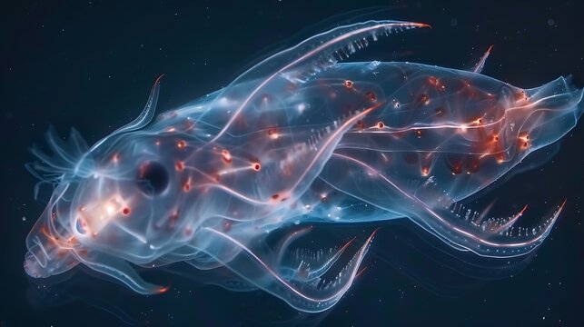 Within icy depth of Southern Ocean ethereal beauty of Antarctic salp revealed through lens of macrophotography setup Using specialized lighting technique translucent body delicate internal structure