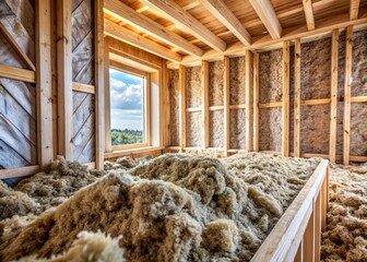 Soft, chunky cellulose insulation filling occupies the frame, its natural, earthy tones and textured appearance evoking a sense of eco-friendliness and sustainable home construction.