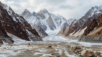 Dramatic landscape of the Tian Shan Mountains in Central Asia with their towering peaks and expansive glaciers 