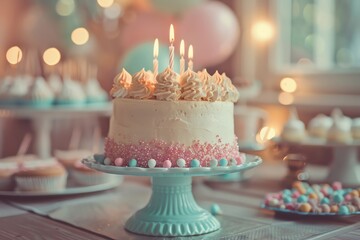 A beautifully decorated birthday cake with candles lit, set on a pastel cake stand amidst a festive background with bokeh lights.