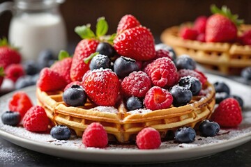 Berry-Topped Waffle: A close-up shot of waffle topped with fresh berries (strawberries, blueberries, and raspberries) and a dusting of powdered sugar.