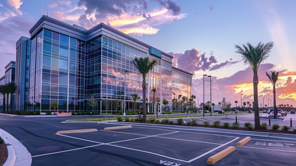 A view of a corporate office building, with a large parking lot
