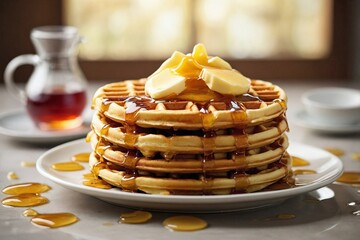 Classic Waffle Stack: A neatly stacked pile of golden-brown waffles, drizzled with maple syrup and topped with a pat of melting butter.