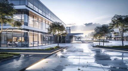 Obraz premium A view of a corporate office building, with a large parking lot