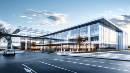 A view of a corporate office building, with a large parking lot