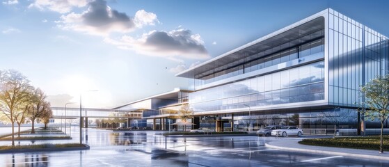 Obraz premium A view of a corporate office building, with a large parking lot