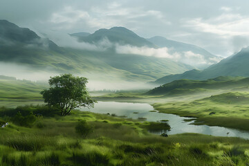 Serene landscape of the Scottish Highlands featuring rolling hills and misty mountains photographed with advanced techniques to create a realistic and artistic image