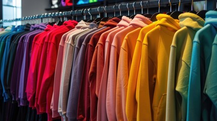 Multicolored youth sweaters and hoodies on hangers in a store clothing concept