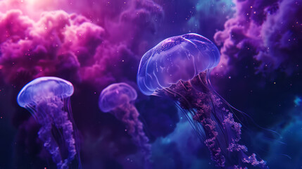 Fototapeta premium illustration colony jellyfish in the beautiful deep sea