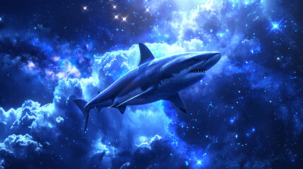 Obraz premium illustration shark swimming in the sky on background nebula