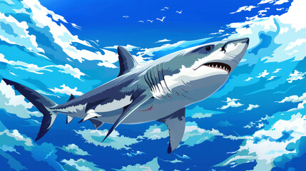 Obraz premium illustration shark swimming in the sky on background nebula