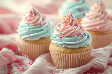 Delicious pastel-colored cupcakes with swirled frosting and sprinkles, perfect for celebrations and sweets lovers. Decorated with light pink and blue icing.