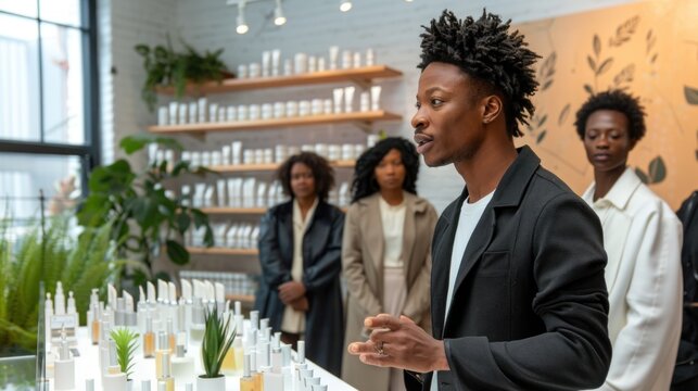 African American man leading a skincare workshop in a modern store with onlookers.