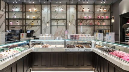 Gourmet gelato display with an array of flavors in a modern shop