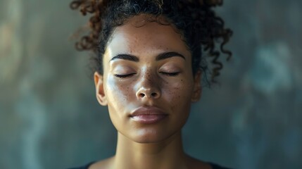 Close-up of a woman meditating, serene expression, copy space for text, sharp focus and clear light, high clarity no grunge, splash, dust, noise